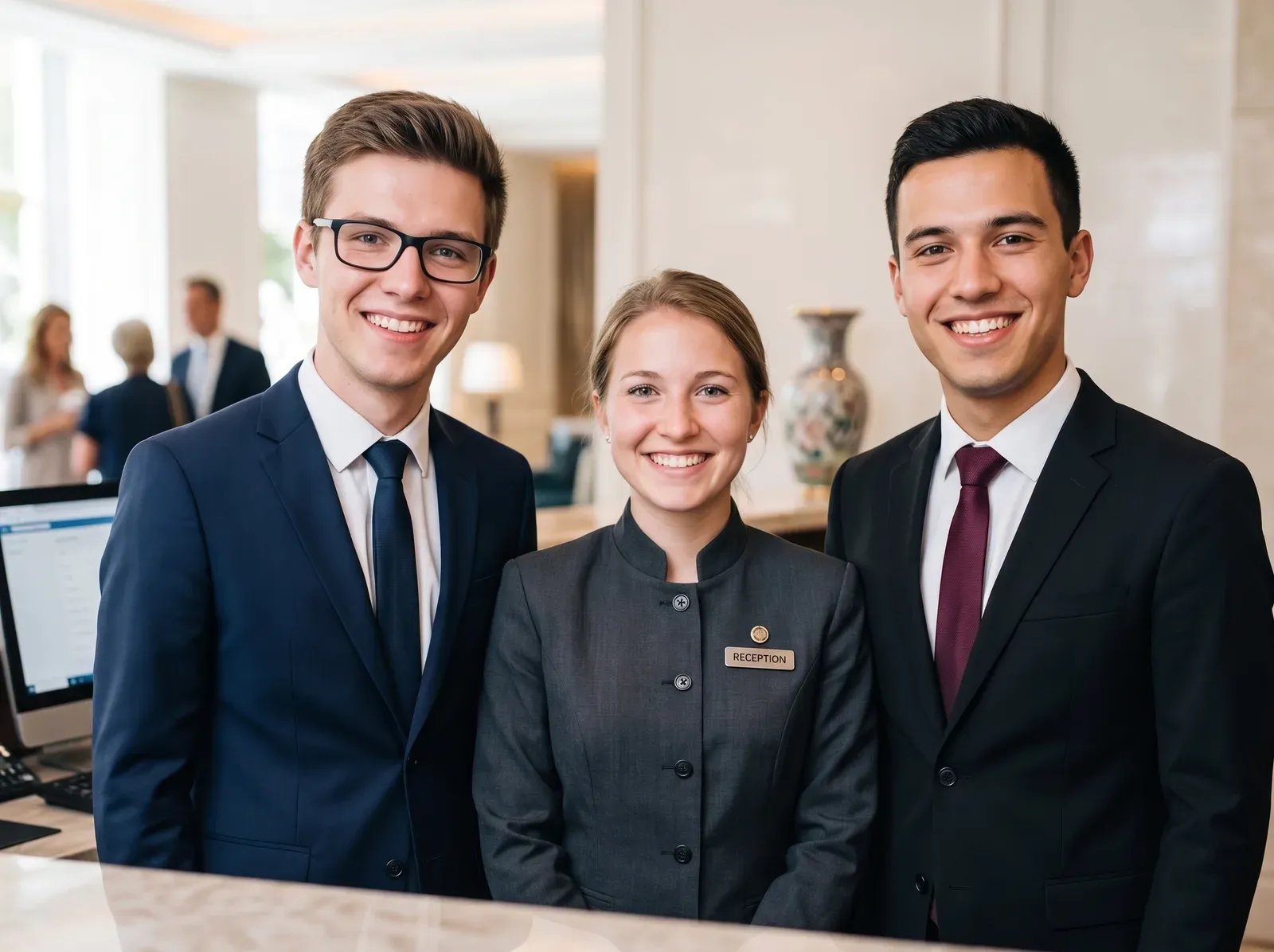 KI-Berufsbild Hotelfachkraft: Empfangsteam in Hotel-Lobby hinter der Rezeption