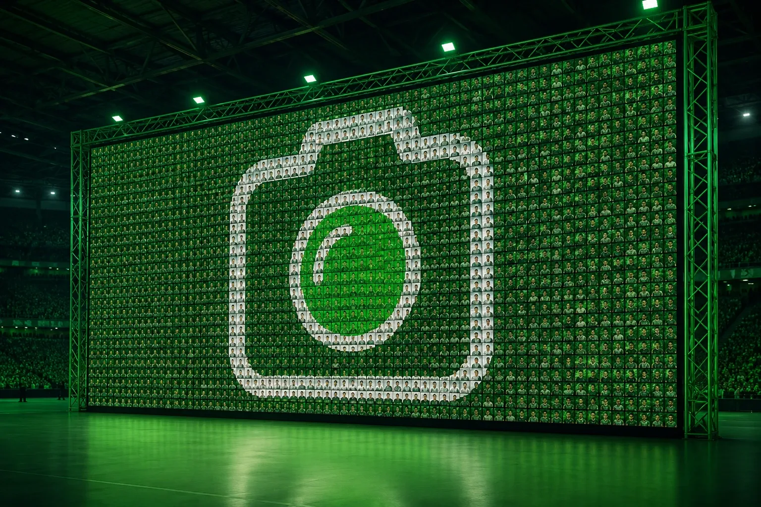 Beleuchtete Fotomosaik-Wand auf einer Eventfläche, aus vielen Gastfotos zusammengesetzt