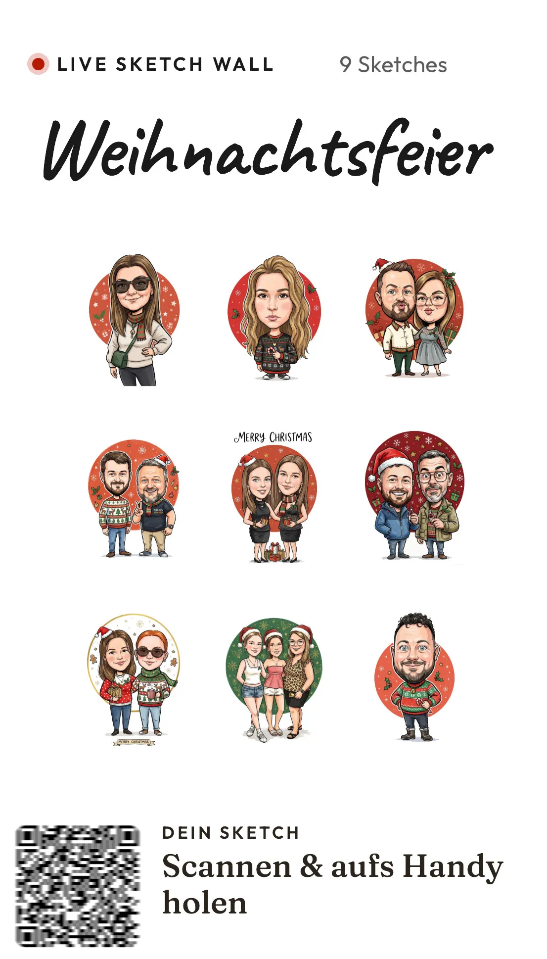 Live-Ansicht der Sketch-Wall „Weihnachtsfeier“ mit neun weihnachtlichen Karikaturen und QR-Code zum Download