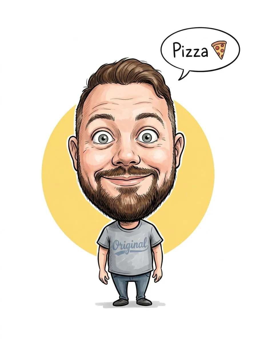 Karikatur eines Mannes mit großen Augen und Sprechblase „Pizza“