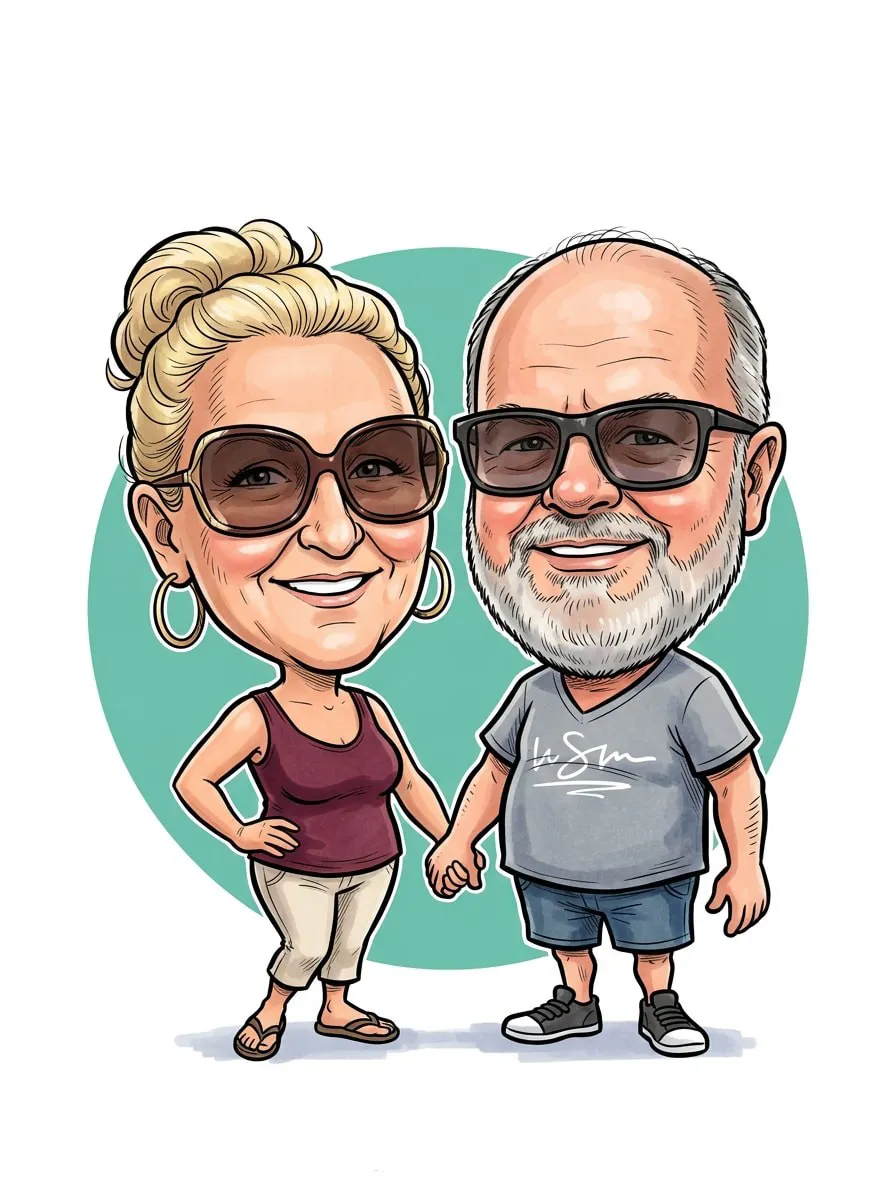 Karikatur eines älteren Paares mit Sonnenbrillen, Hand in Hand