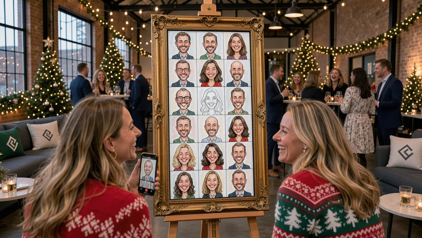 Sketch-Wall im goldenen Rahmen auf einer Staffelei bei einer Weihnachtsfeier, davor zwei lachende Frauen in Weihnachtspullovern mit Smartphone